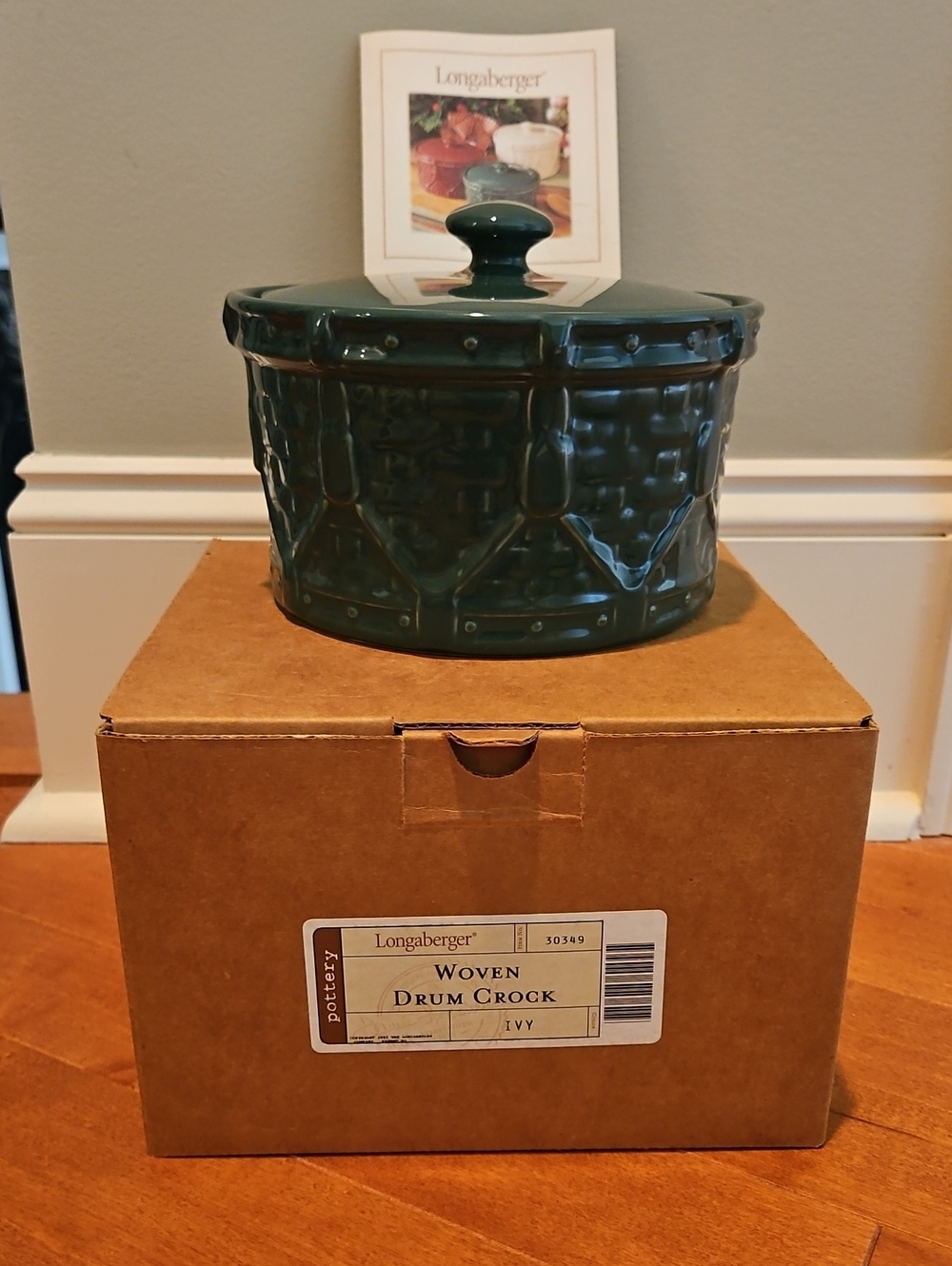Longaberger Ivy Green Glazed Woven-Texture Drum Crock with Lid